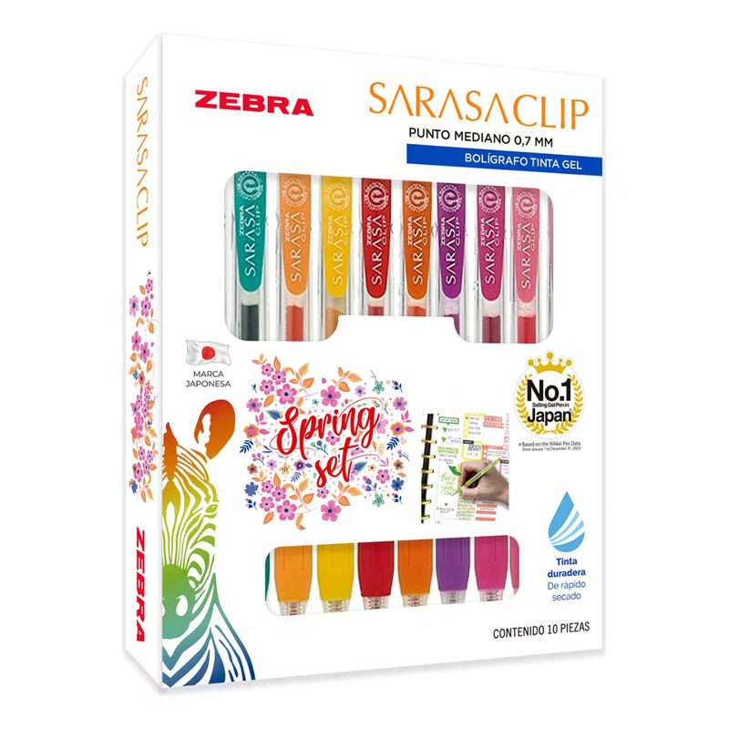 ZEBRA - Set 10 Bolígrafos Sarasaclip Tinta Gel 0.7 mm Retráctil