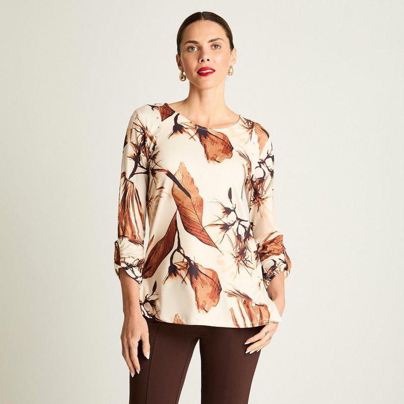 LORENZO DI PONTTI - Polera Manga Larga Escote Redondo Estampada Beige
