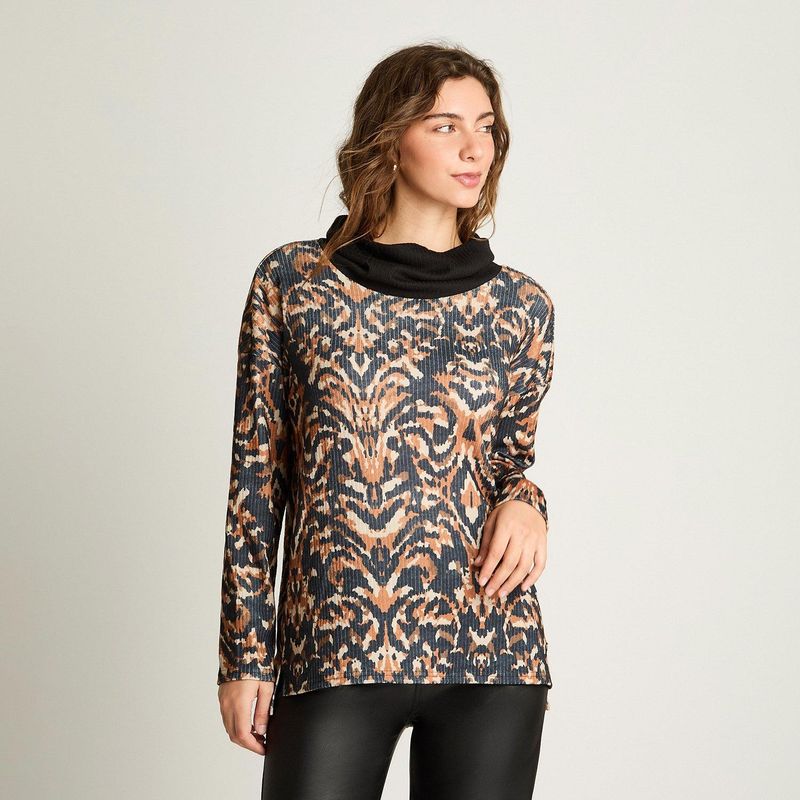 CURVI - Polera Manga Larga Lanilla Estampada Negro