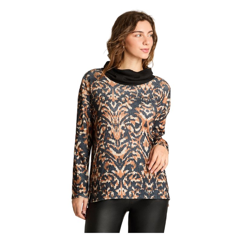 CURVI - Polera Manga Larga Lanilla Estampada Negro
