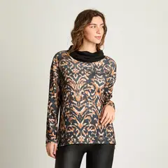 CURVI - Polera Manga Larga Lanilla Estampada Negro