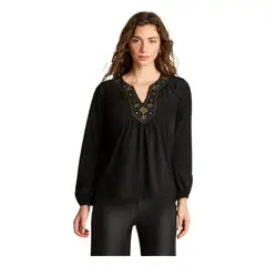 CURVI - Polera Manga Larga Suede Con Aplicación En Escote Negro