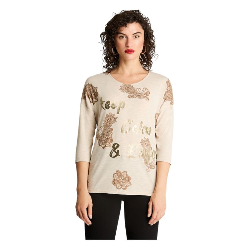 CURVI - Polera Manga 3/4 Print Frontal Beige