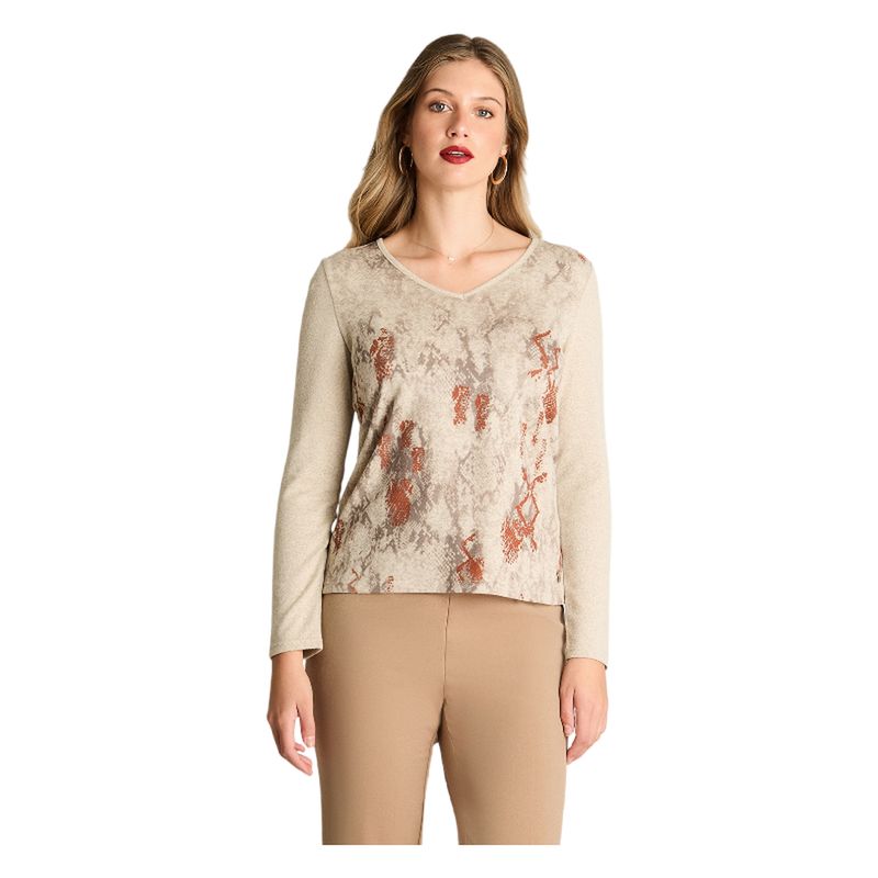 LORENZO DI PONTTI - Polera Manga Larga Lanialla Escote V Estampada Beige