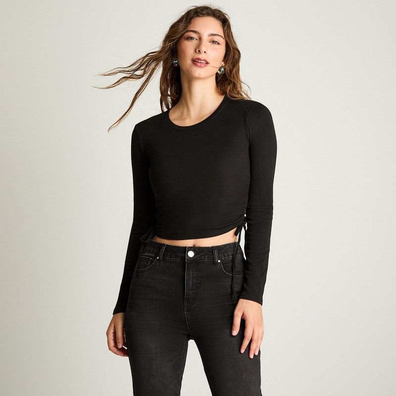 ACUARELA - Polera Manga Larga Recogida Negro