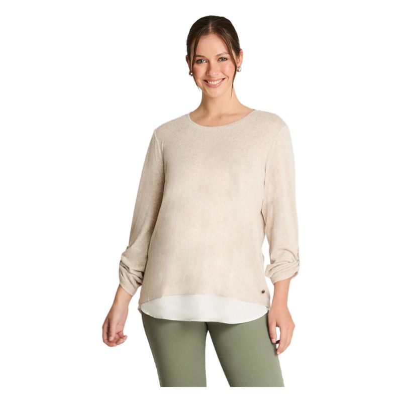 CURVI - Polera Manga Larga Lanilla Melange Con Aplicación Beige
