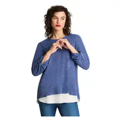 CURVI - Polera Manga Larga Lanilla Melange Con Aplicación Azul