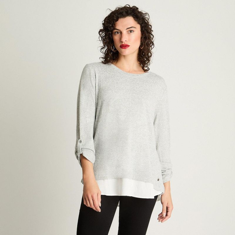 CURVI - Polera Manga Larga Lanilla Melange Con Aplicación Gris