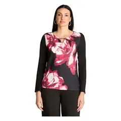 LORENZO DI PONTTI - Polera Manga Larga Lanialla Escote Redondo Estampada Negro
