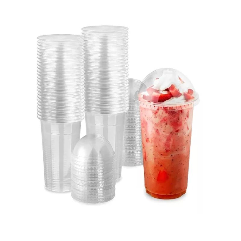 GENERICO - 100 Vasos Plasticos Desechables Vaso Tapa Domo Sin Hoyo 20oz