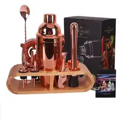 GENERICO - Set De Coctelería Bar Kit Utensilios Cobre Con Base Madera