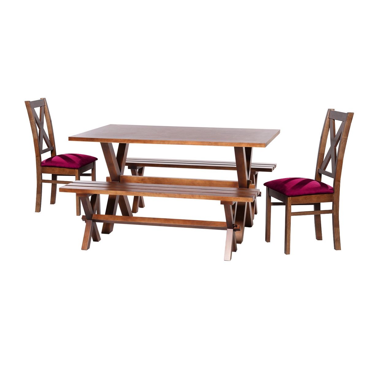 LATAM HOME - Juego De Comedor Sevilla 2 Sillas Segovia + 2 Bancas Tela Velvet Burdeo