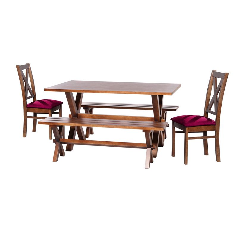 LATAM HOME - Juego De Comedor Sevilla 2 Sillas Segovia + 2 Bancas Tela Velvet Burdeo.