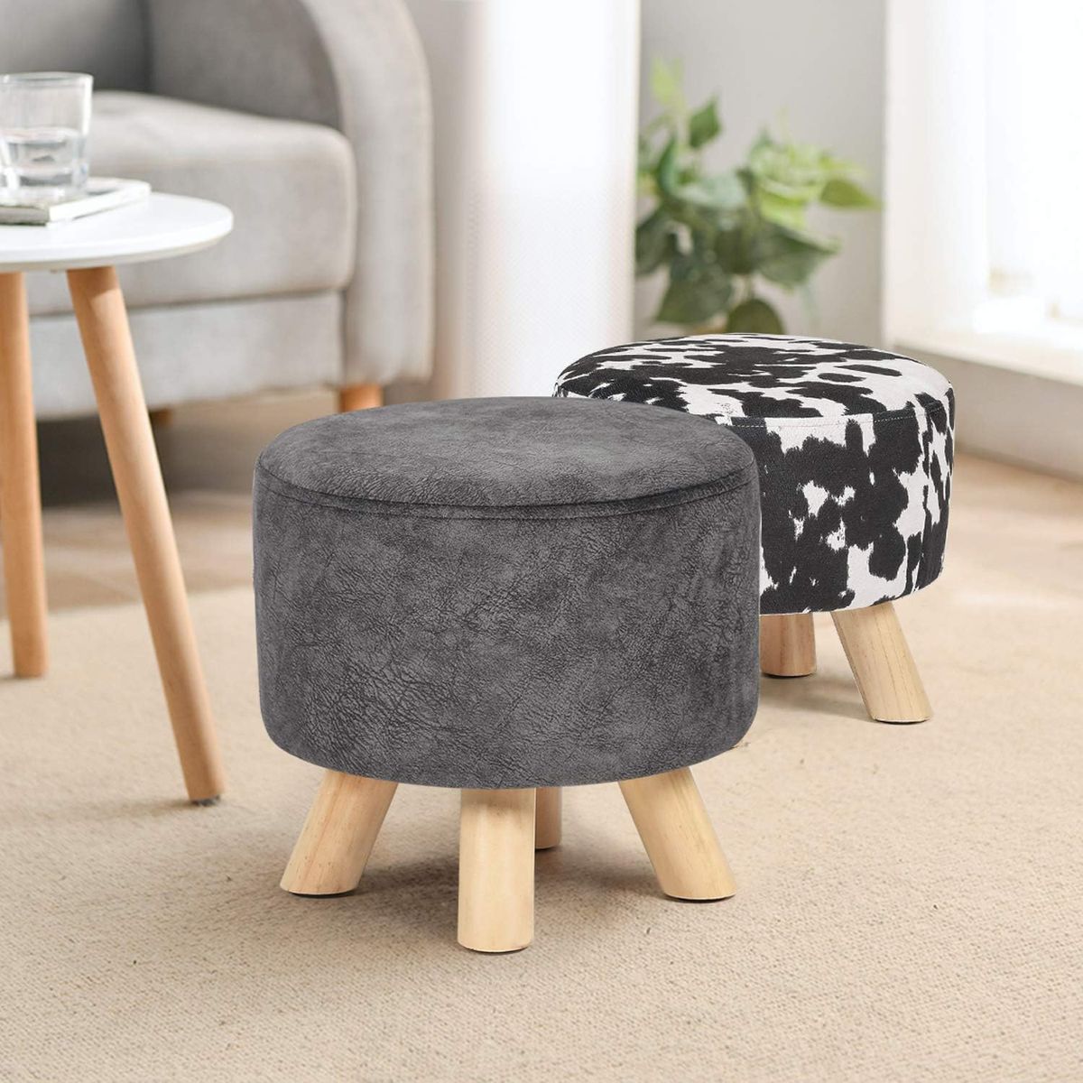 MOBOI - Puff Redondo De Terciopelo Con Patas De Madera Blanco