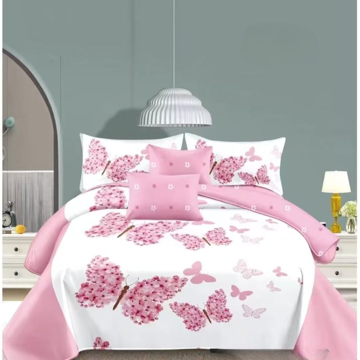 GENERICO - Quilt de Verano 2 plazas Color Blanco con Mariposas Rosadas TFCC606