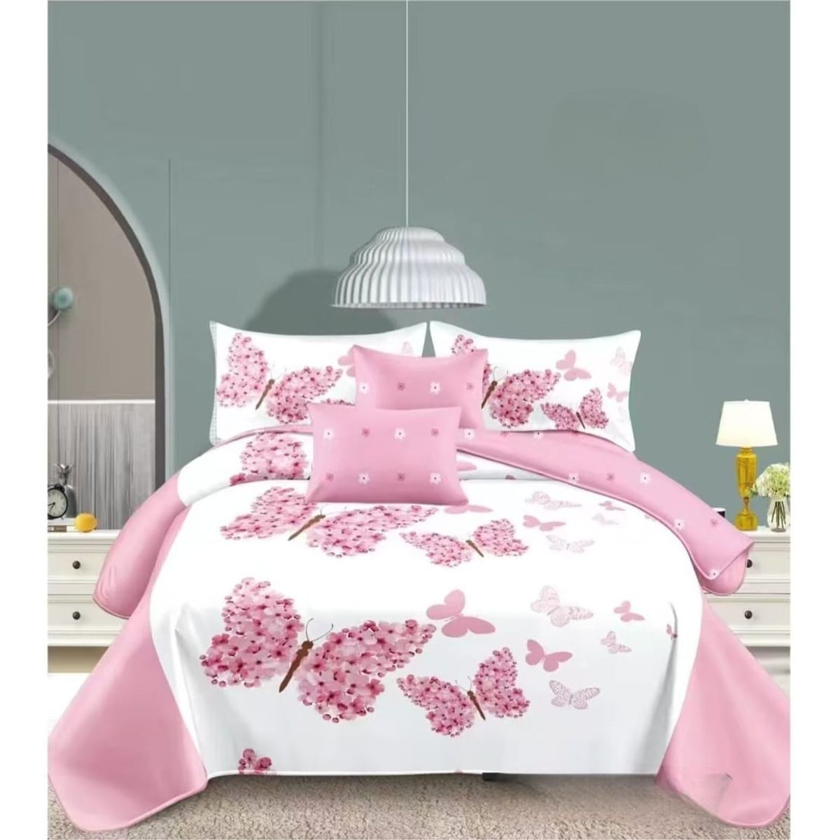 GENERICO - Quilt de Verano 2 plazas Color Blanco con Mariposas Rosadas TFCC606
