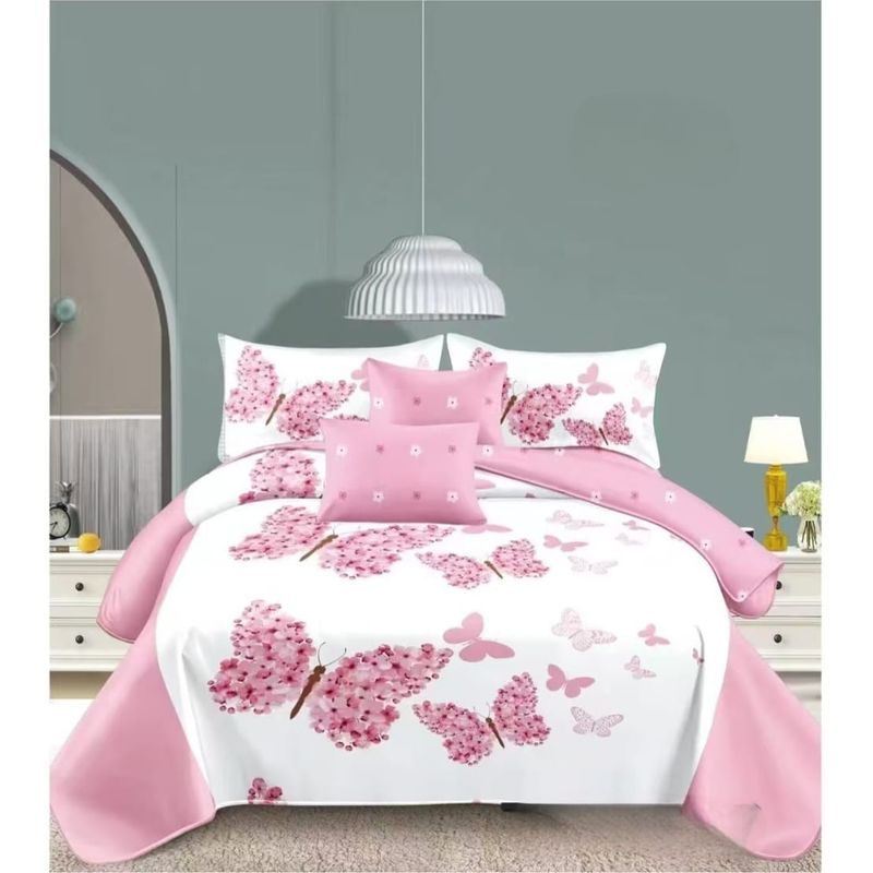 GENERICO - Quilt de Verano 2 plazas Color Blanco con Mariposas Rosadas TFCC606