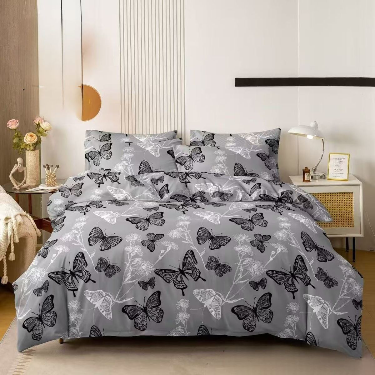 GENERICO - Quilt de Verano 2 plazas Color Gris con Mariposas TFCC602