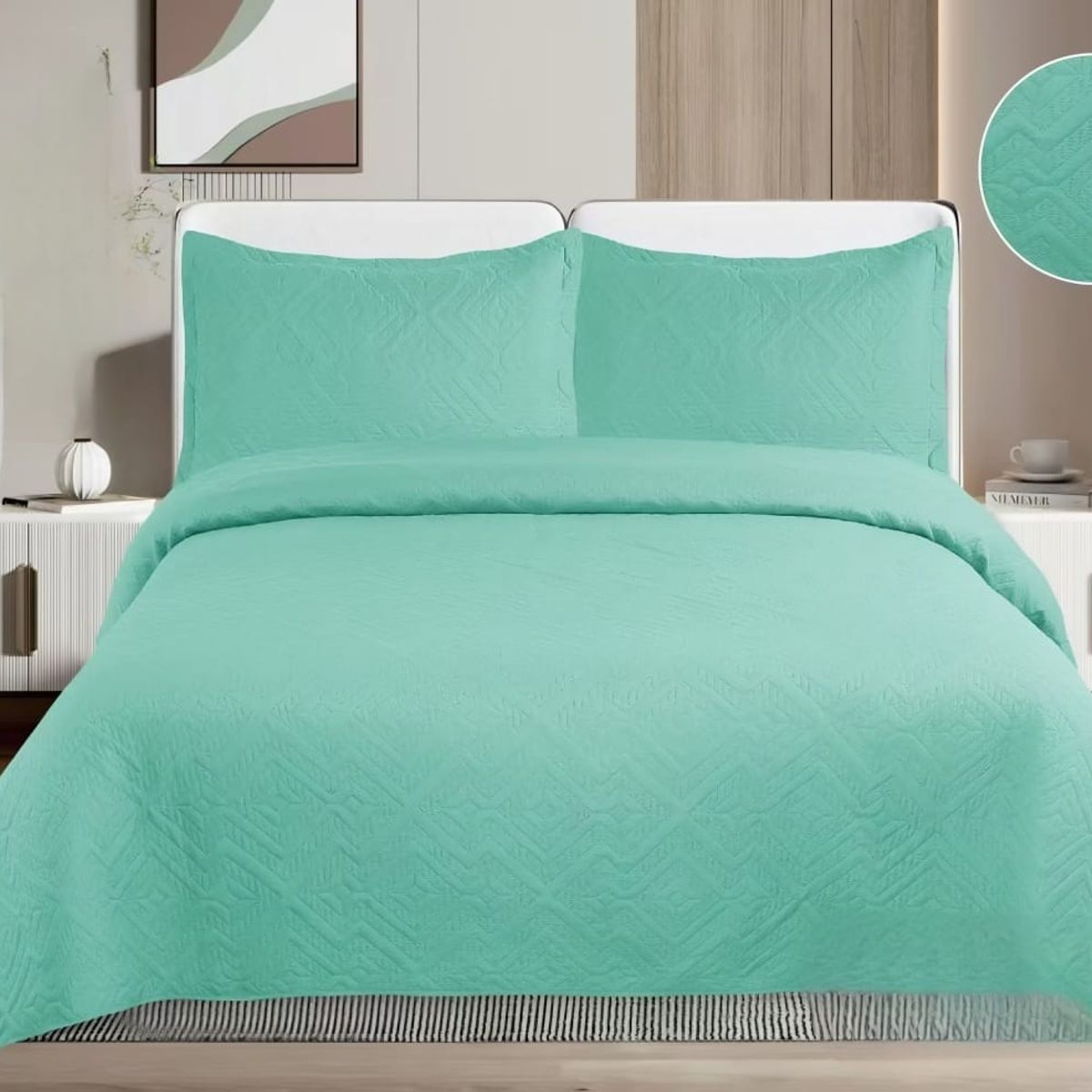 GENERICO - Quilt de Verano 2 plazas Color Verde Agua TF