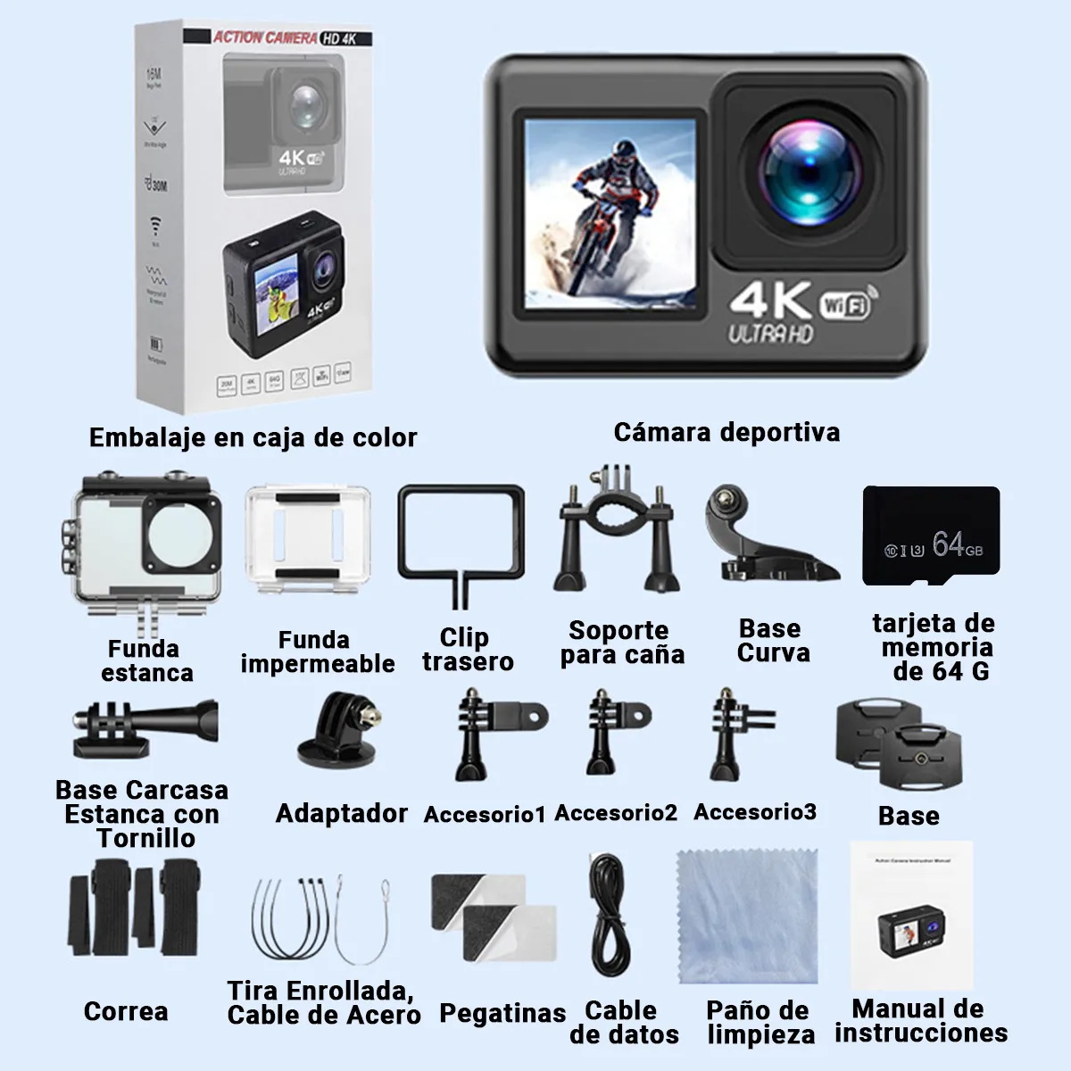 BITART - Cámara deportiva impermeable táctil para fotografía + tarjeta 64GB