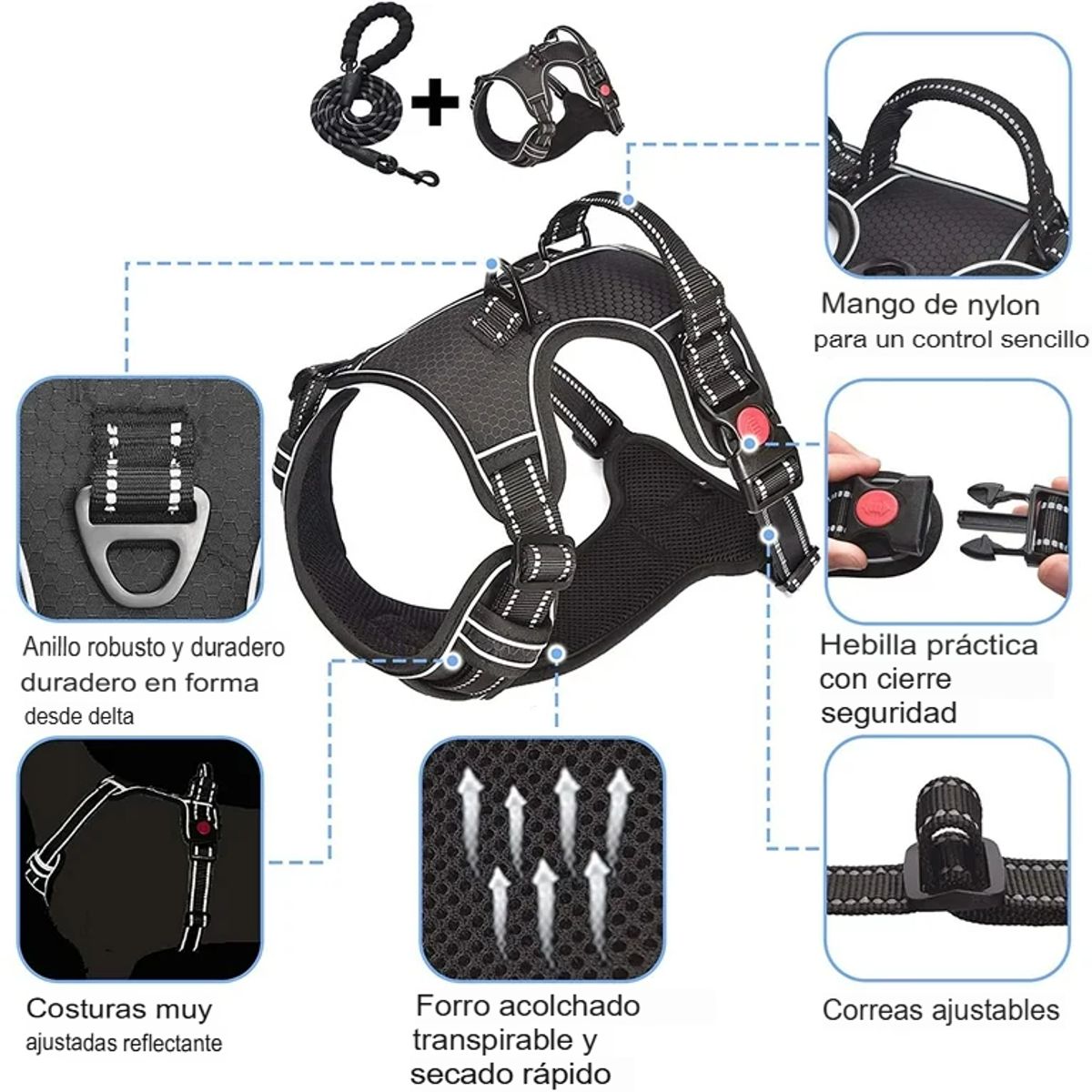 GENERICO - Arnes Perro Pechera Reflectante Ajustable Con Correa M