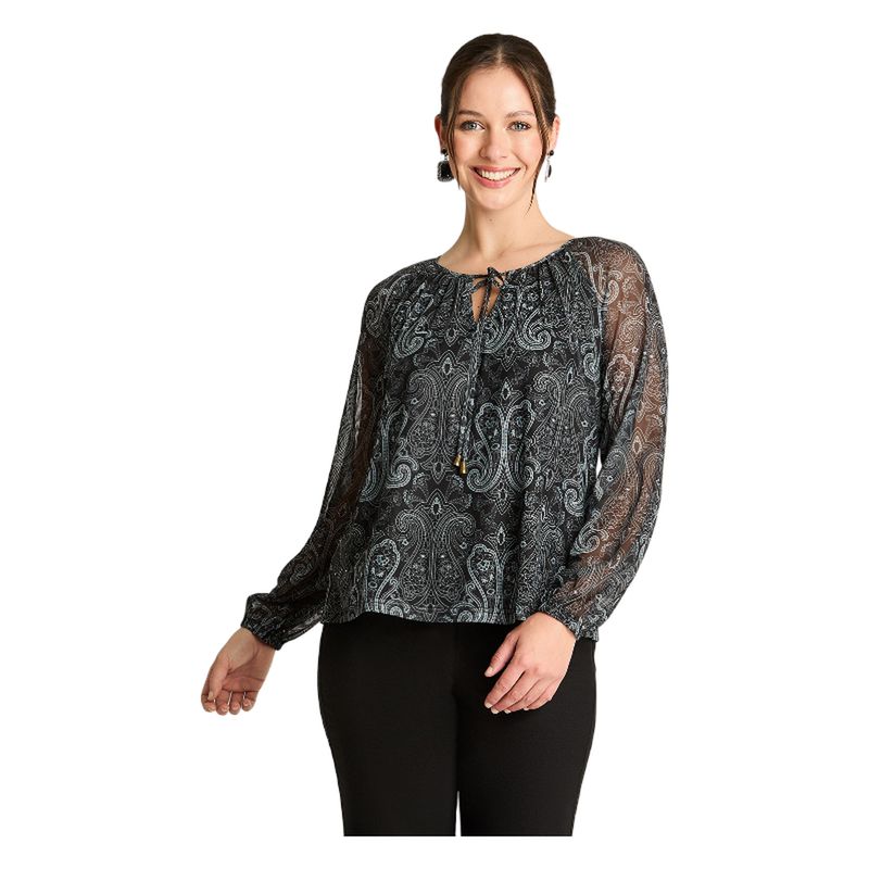 CURVI - Polera Manga Larga Mesh Print Negro