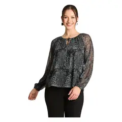 CURVI - Polera Manga Larga Mesh Print Negro