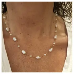 VANE COLLECTION - Cadena collar mujer fina gargantilla en acero baño oro y perlas de río