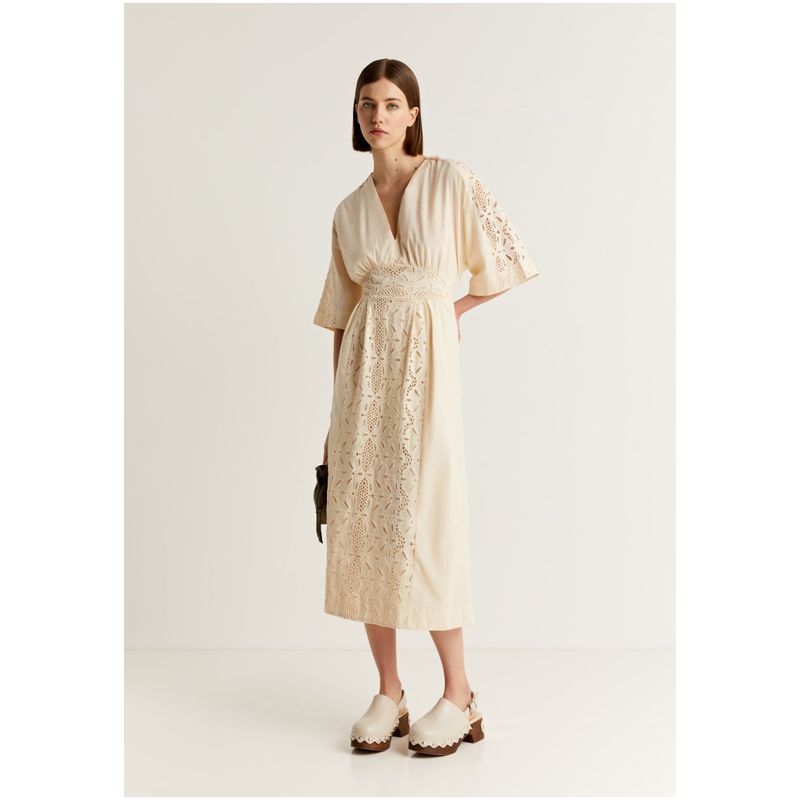 SCALPERS - Vestido Midi Bordados Ecru
