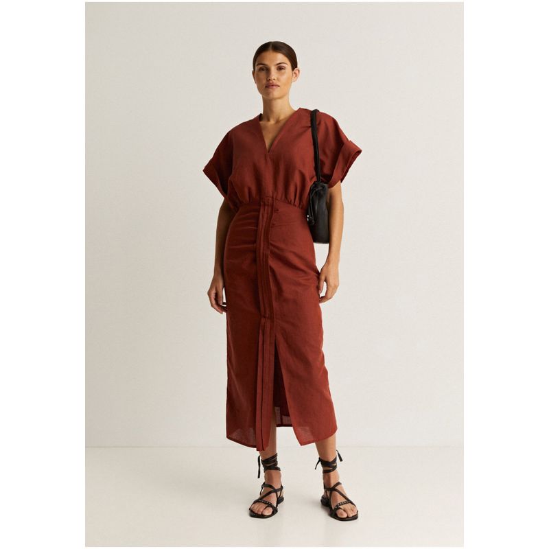 SCALPERS - Vestido Lino Frunces Terracotta