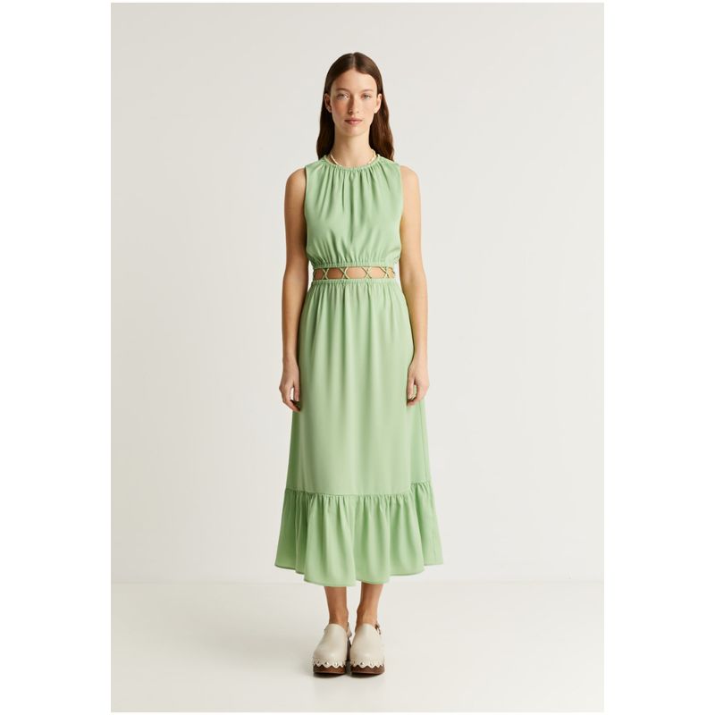 SCALPERS - Vestido Midi Satinado Abertura Cintura Light Green