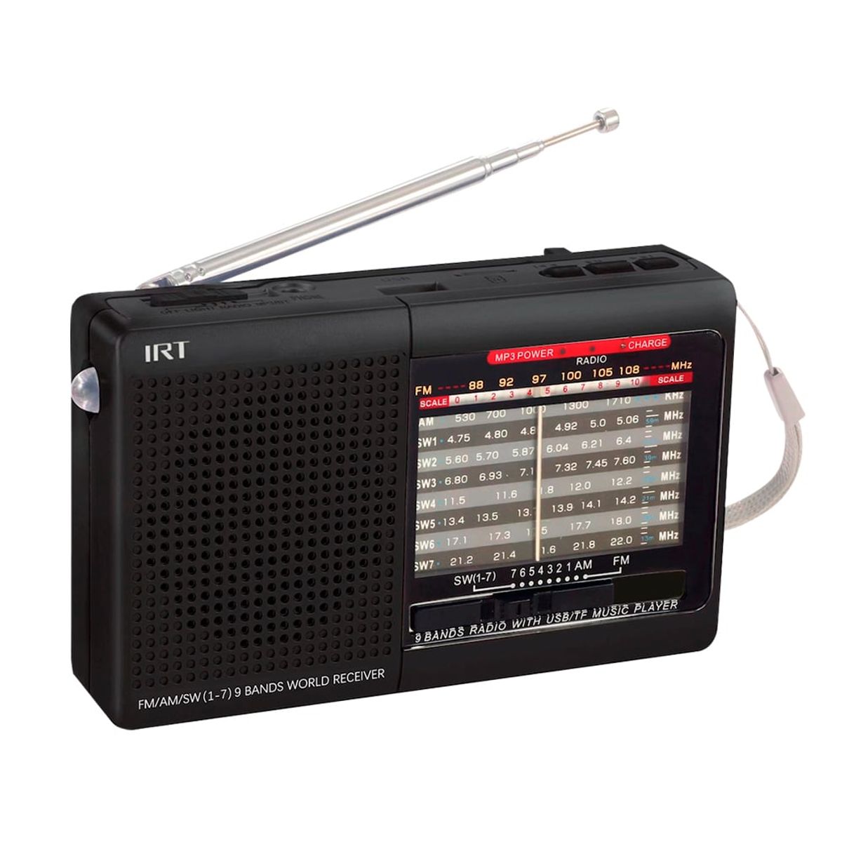 IRT - Radio Portatil IRT AM/FM/SW/USB/MSD 9 bandas Recargable