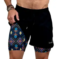 KONKO ACTIVE - Short Deportivo Cierre Con Calza 2 en 1 Tribal Hombre Konko