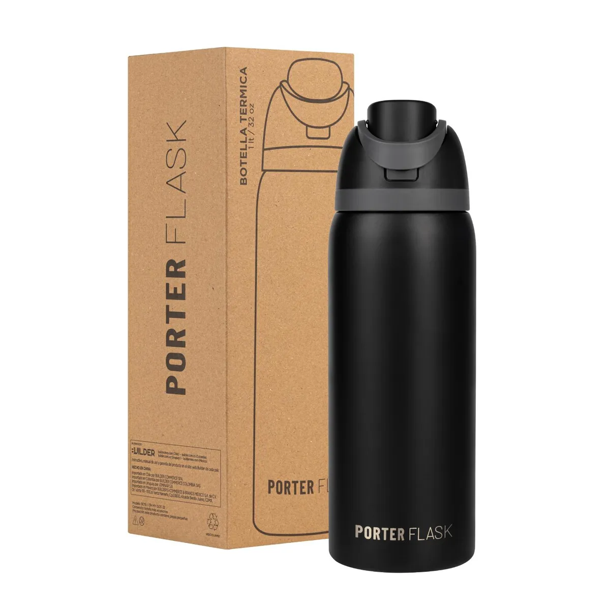 BUFFER FLASK - Termo Botella Agua Termica Porter Flask 1L Inox - Negro