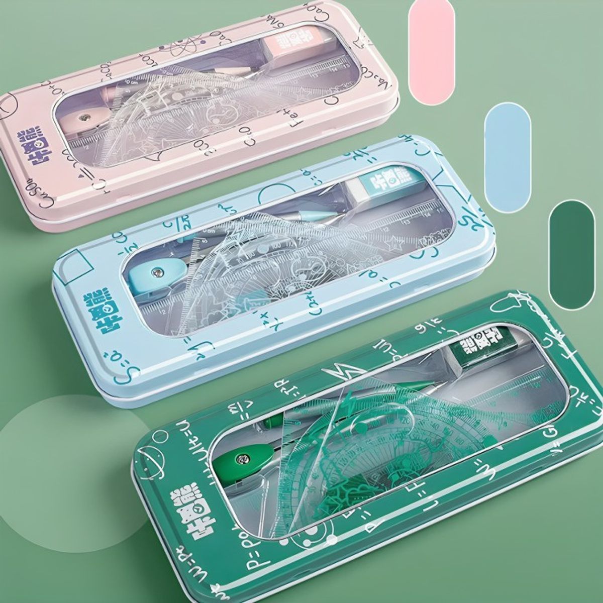 OEM - Set Compas Reglas y Goma En Caja 3 colores surtidos