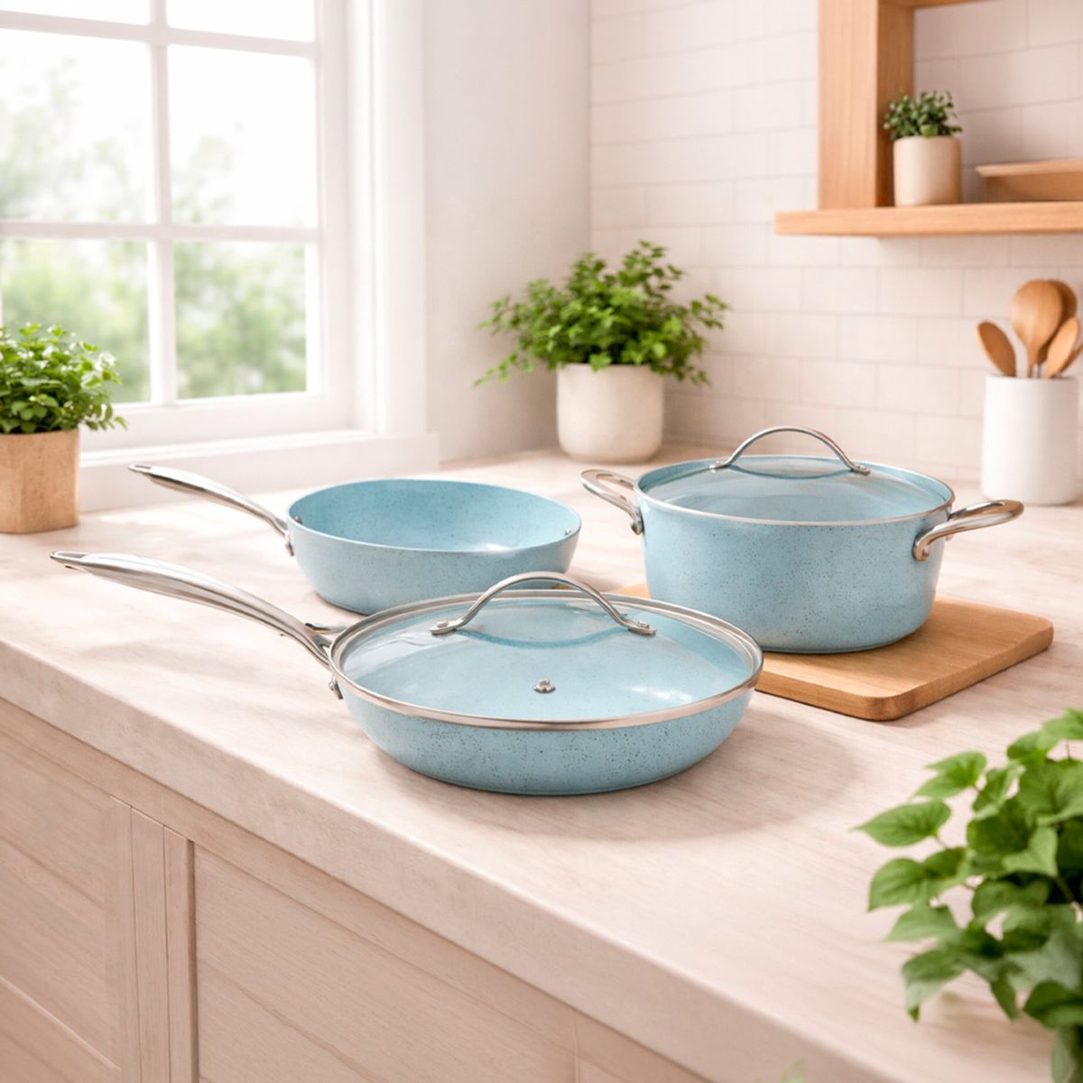 XTREM COOK - Set de 3 Sartenes Xtrem Cook Interior Cerámico Antiadherentes de 24cm + Tapa de Vidrio Templado