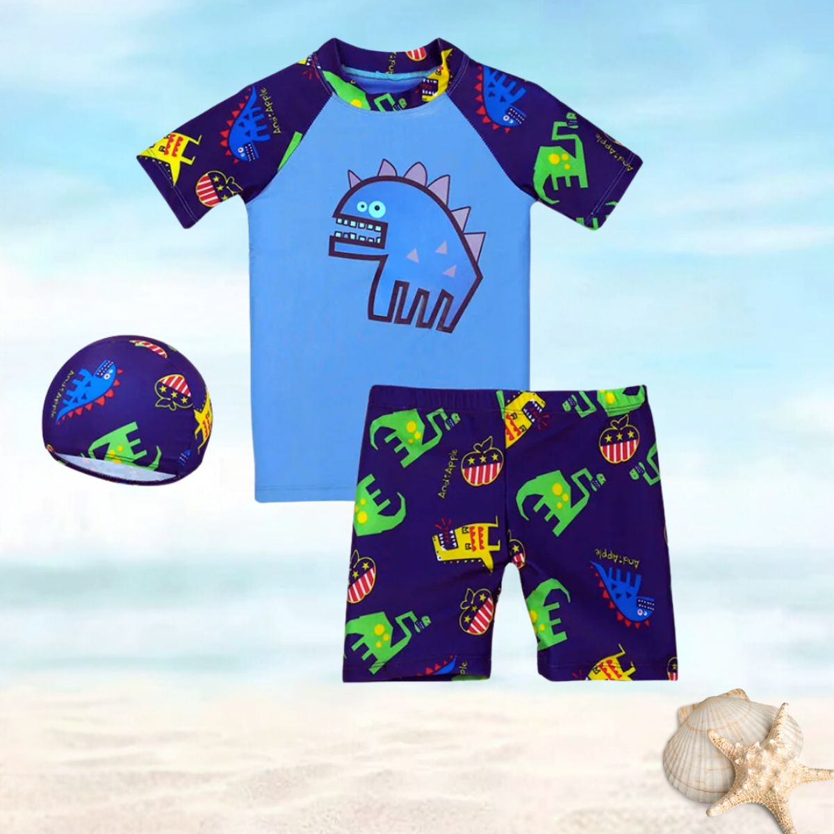 JUMP KIDS - Traje De Baño 3 Piezas Manga Corta Jump Kids Dinosaurios Azul Oscuro