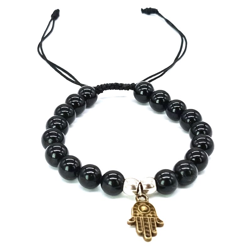 GENERICO - Pulsera Turmalina Negra con Mano de Fátima Bronce para Protección