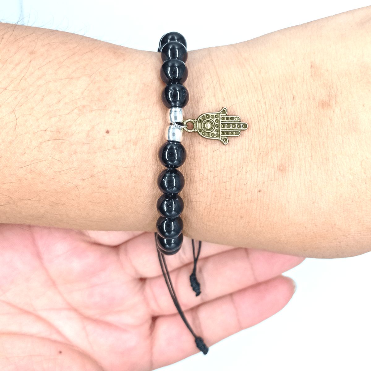GENERICO - Pulsera Turmalina Negra con Mano de Fátima Bronce para Protección