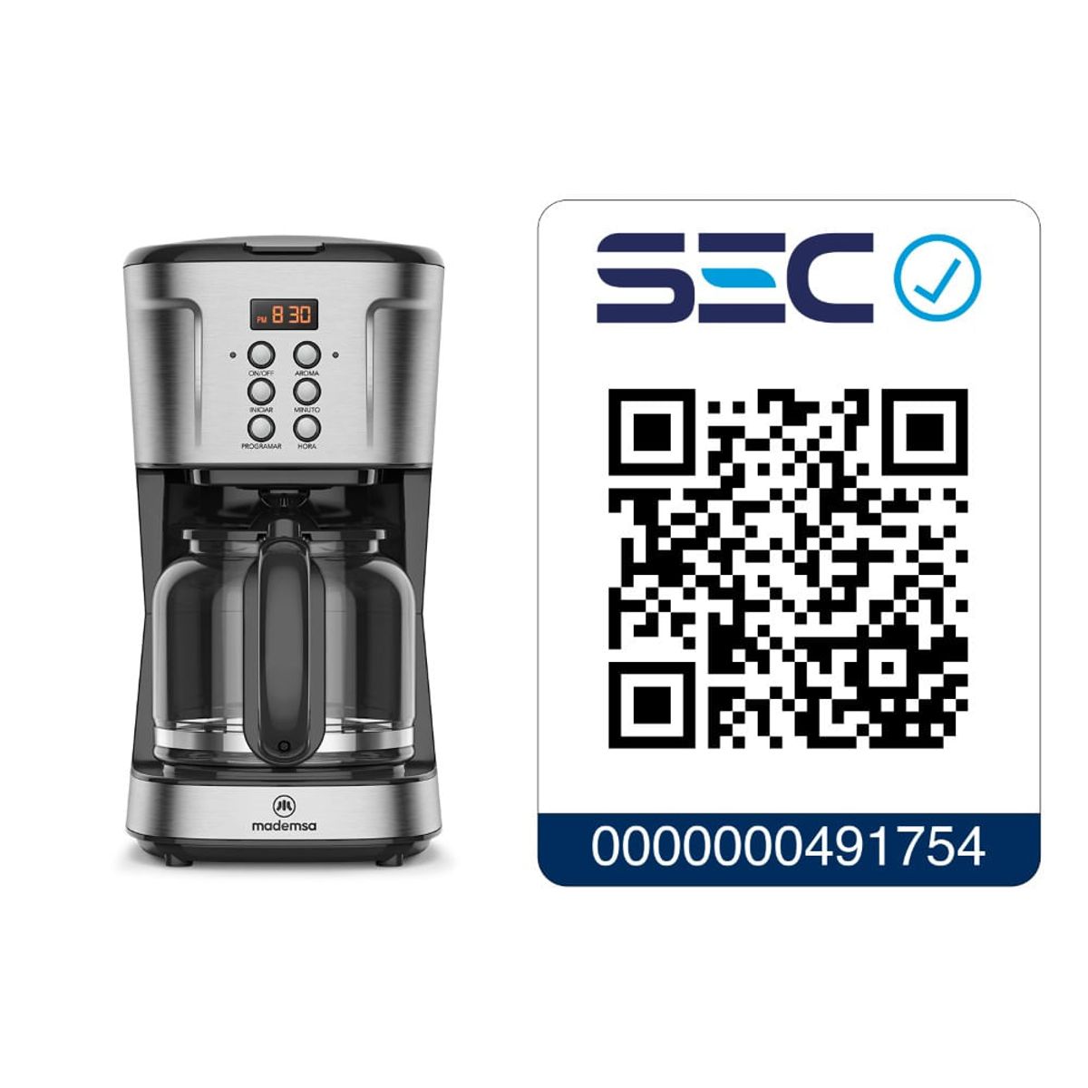 MADEMSA - Cafetera Eléctrica Mademsa 1,5L Proglamable 900W MCM30 Acero Inoxidable