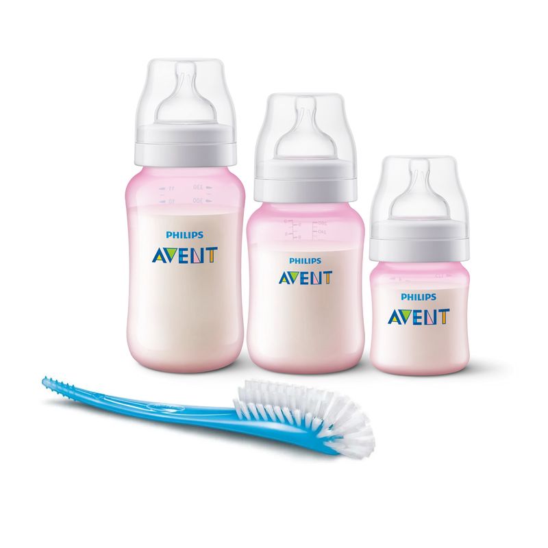 AVENT - Set 3 Mamaderas Anticolic Pink + Cepillo Limpiador Blue