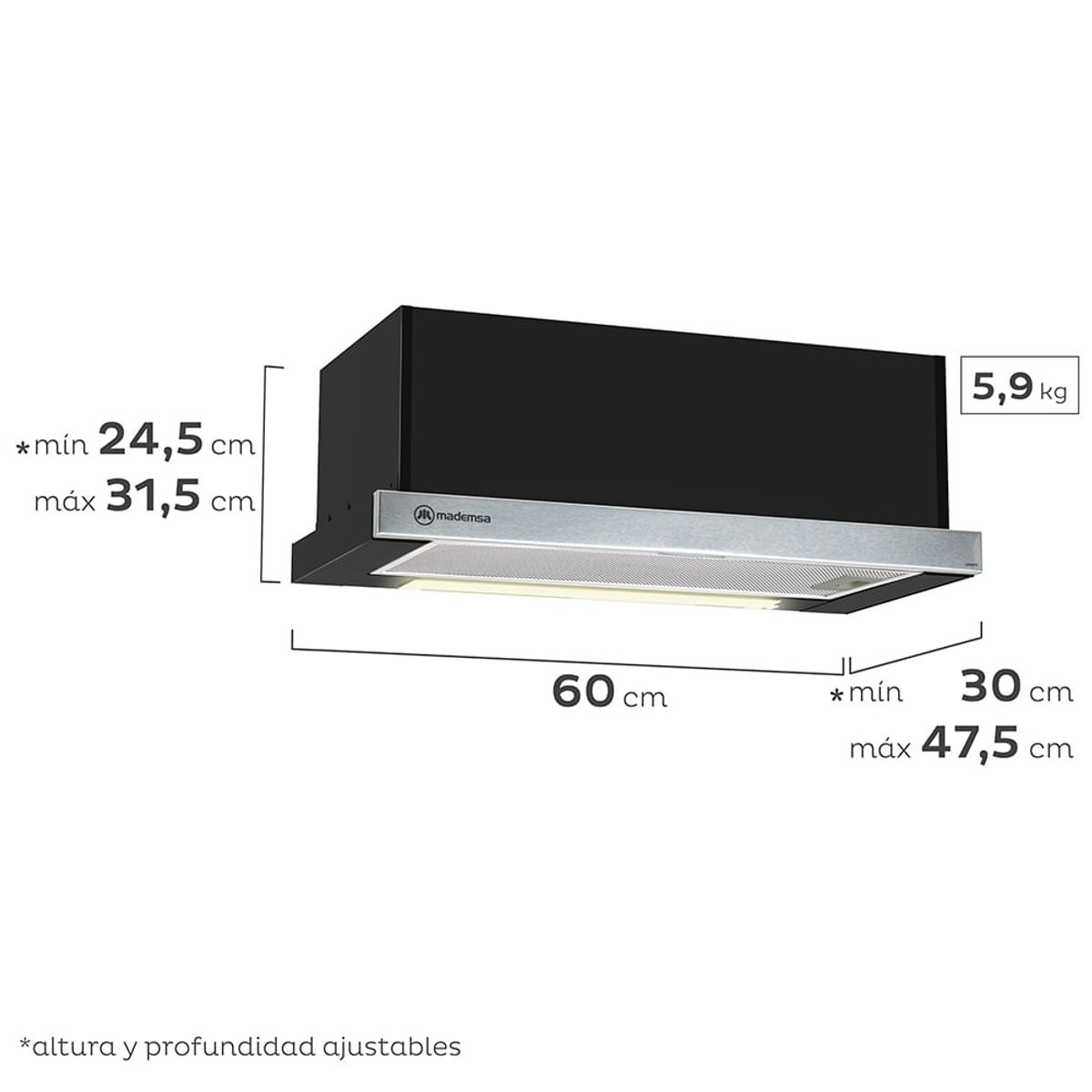 MADEMSA - Campana de Cocina Extractora Mademsa Retráctil 60cm Empotrable MX 6270 Negra