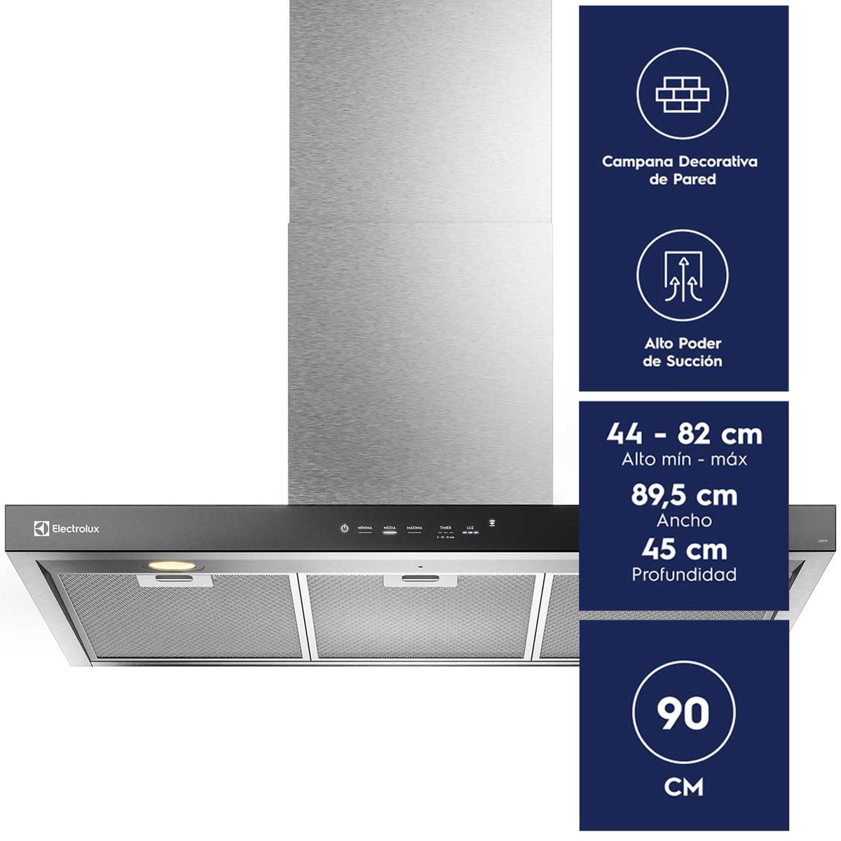 ELECTROLUX - Campana Cocina Extractora Electrolux Decorativa Pared 90cm Timer y Panel Touch CE9TF Inox