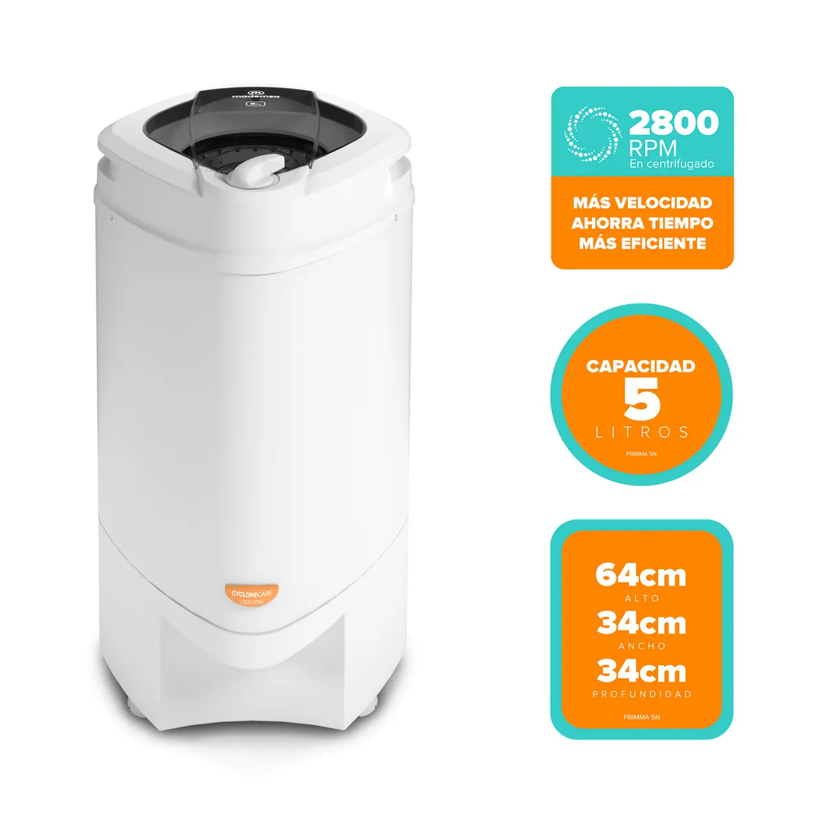 MADEMSA - Centrífuga Mademsa 5Kg Carga Superior con Boquilla Antiderrame Primma 5N Blanca