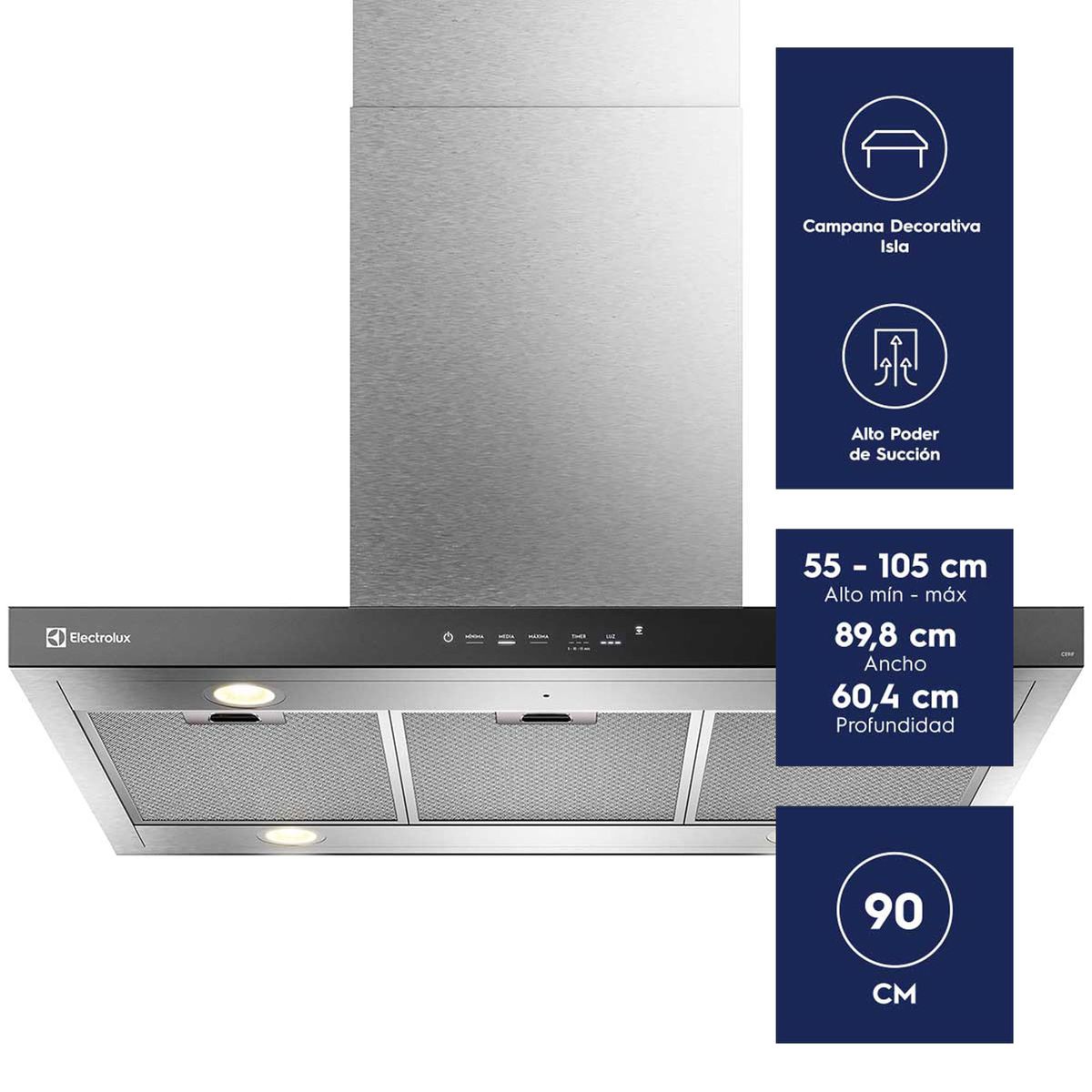 ELECTROLUX - Campana Cocina Extractora Electrolux Decorativa Isla 90cm Timer y Panel Touch CE9IF Inox