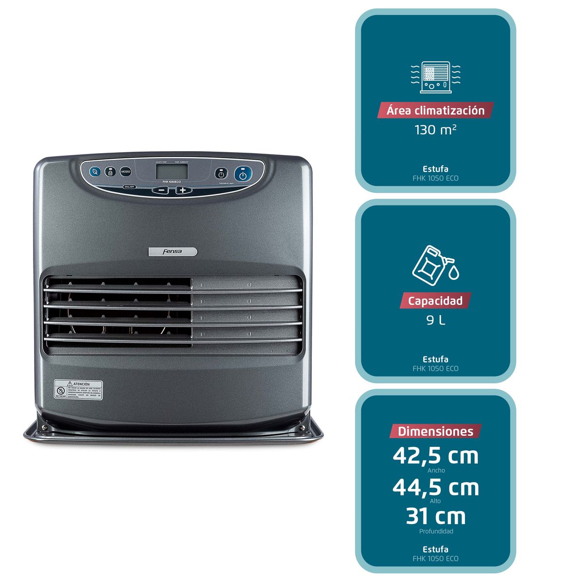 FENSA - Estufa Parafina Láser Fensa 9 Litros 5,2Kw Panel Digital, Timer y Botón Eco FHK 1050