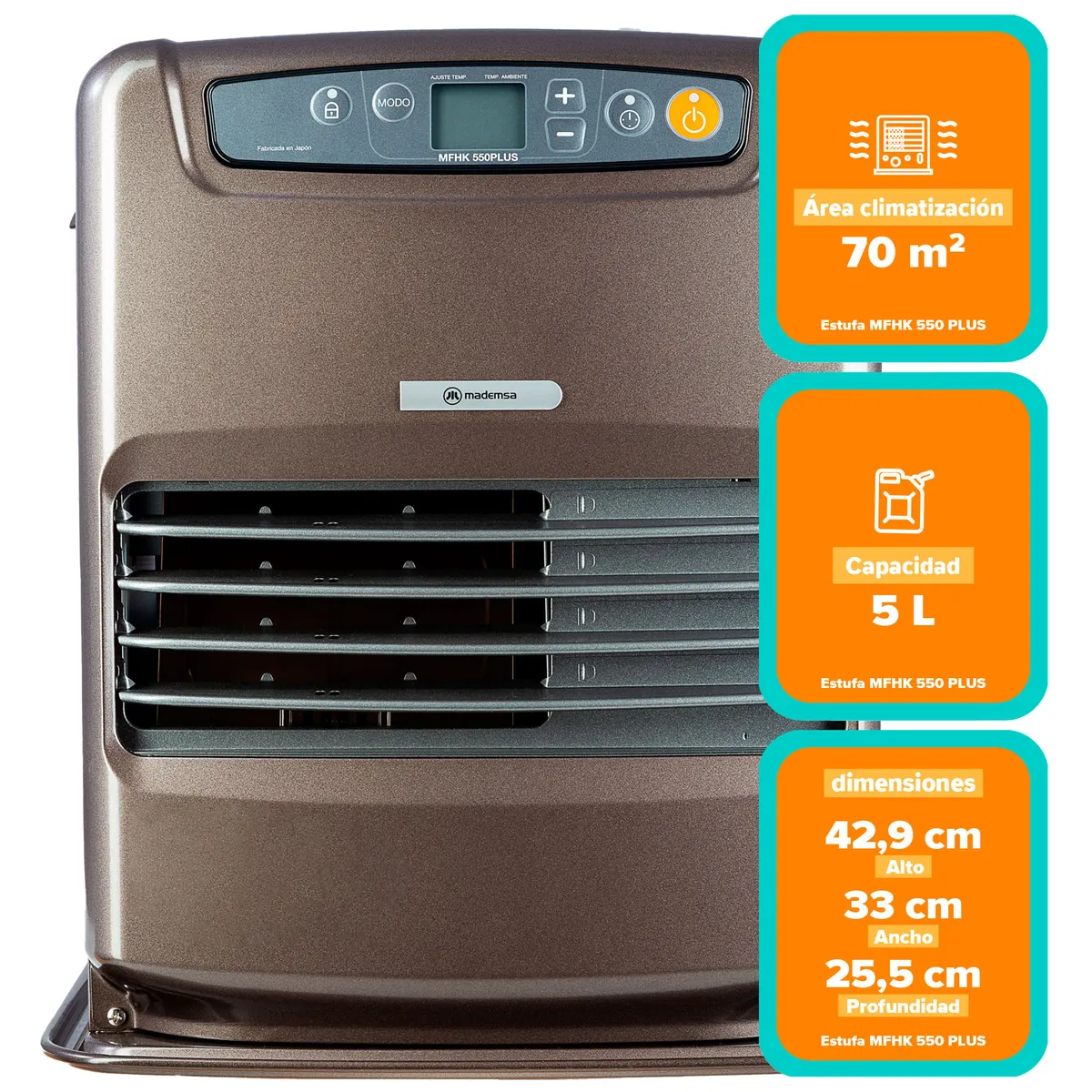 MADEMSA - Estufa Parafina Láser Mademsa 5 Litros 3,1Kw Panel Digital y Timer MFHK 550 Plus