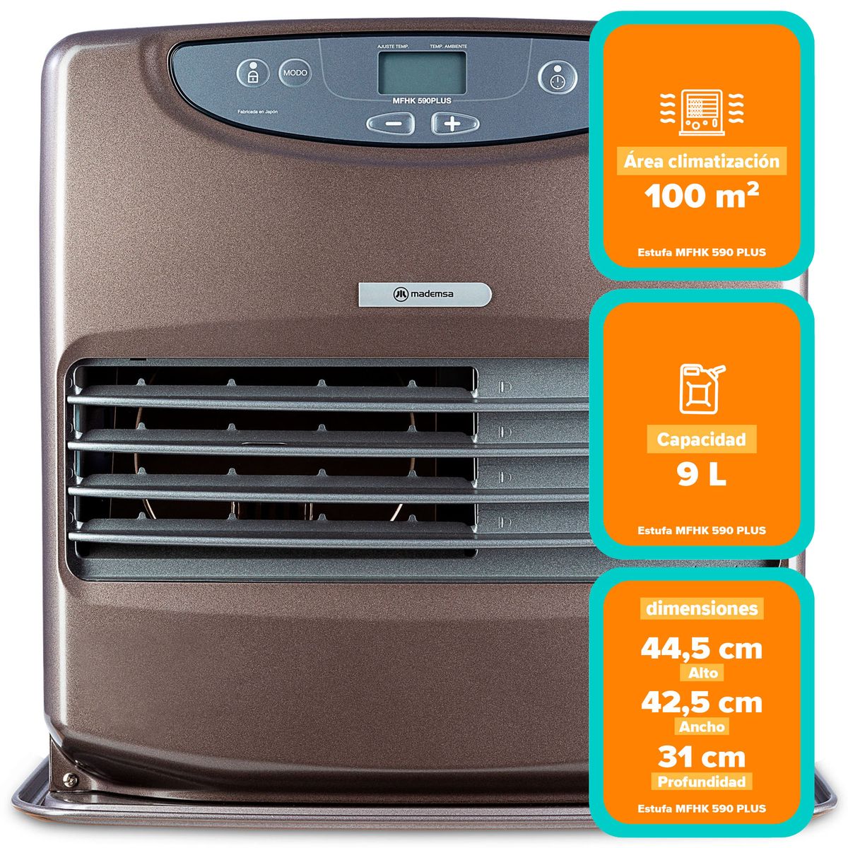 MADEMSA - Estufa Parafina Láser Mademsa 9 Litros 4,65Kw Panel Digital y Timer MFHK 590 Plus