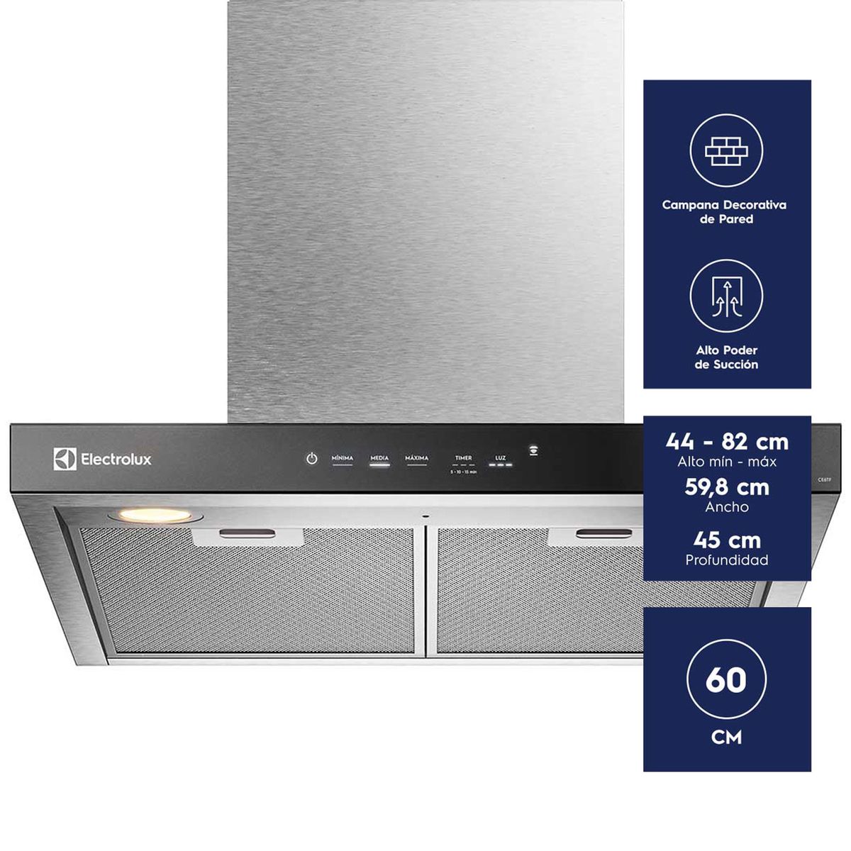 ELECTROLUX - Campana Cocina Extractora Electrolux Decorativa Pared 60cm Timer y Panel Touch CE6TF Inox