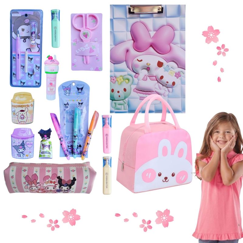 GENERICO - Set escolar con sacapuntas Sanrio + papelería kawaii kuromi